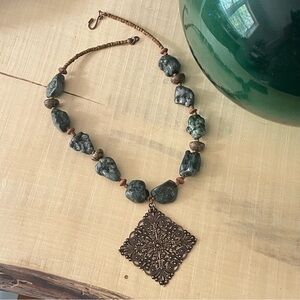 Handmade Textured Copper Pendant Statement Necklace 19.75” Natural Nut Stone